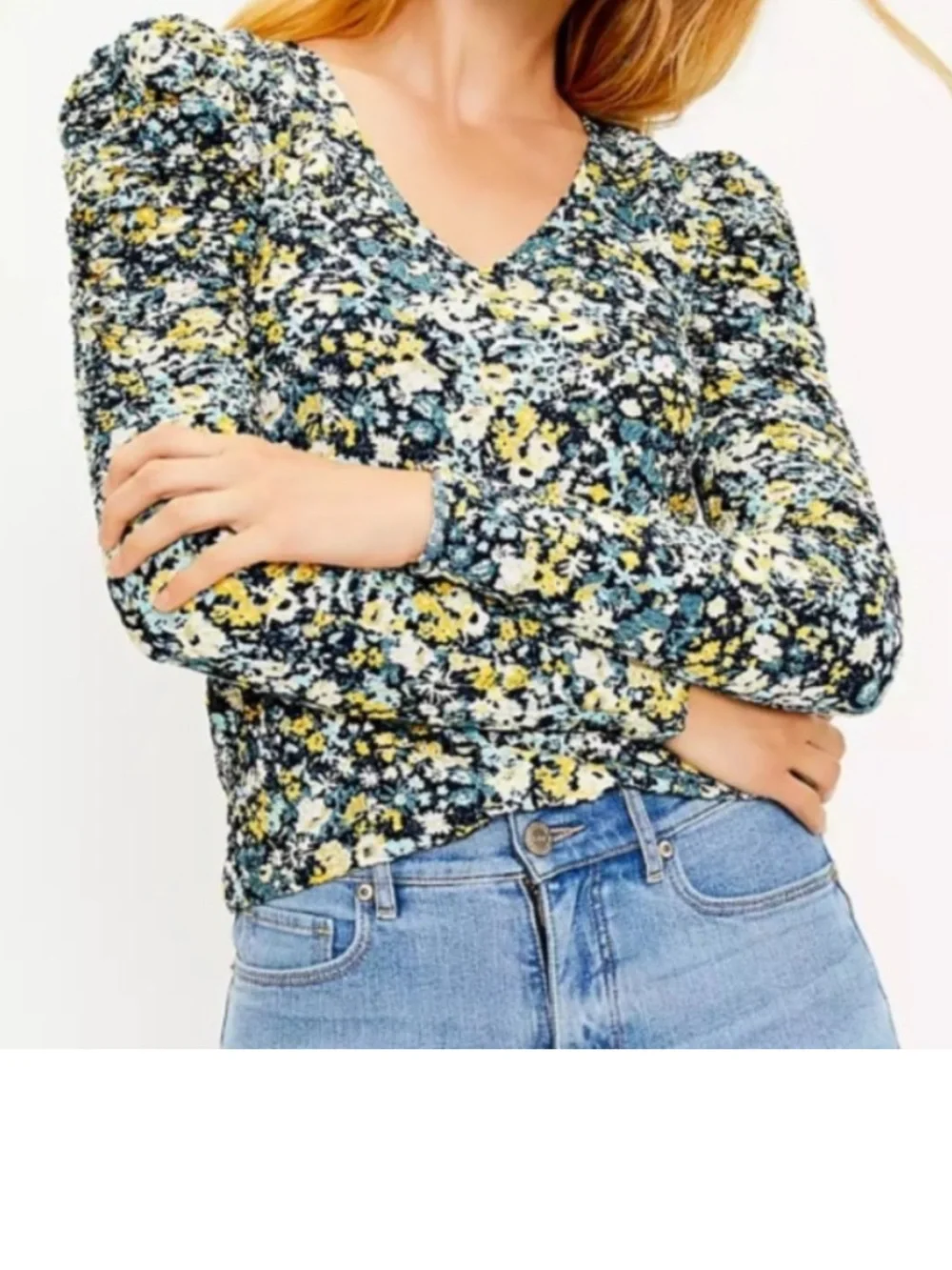 LOFT XS Floral Shirred Puff Sleeve Blouse